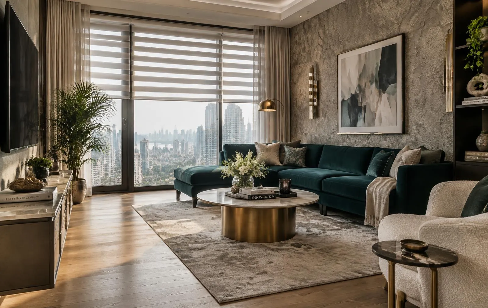 Luxury Mumbai living room with designer wallpaper, zebra blinds and wooden flooring by S-Cube Interiors