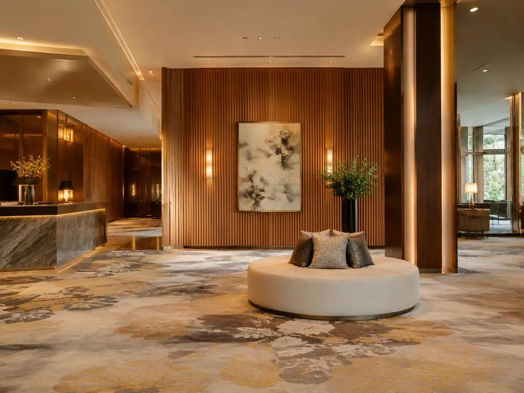 Fluted wall panels and carpet in a hotel lobby